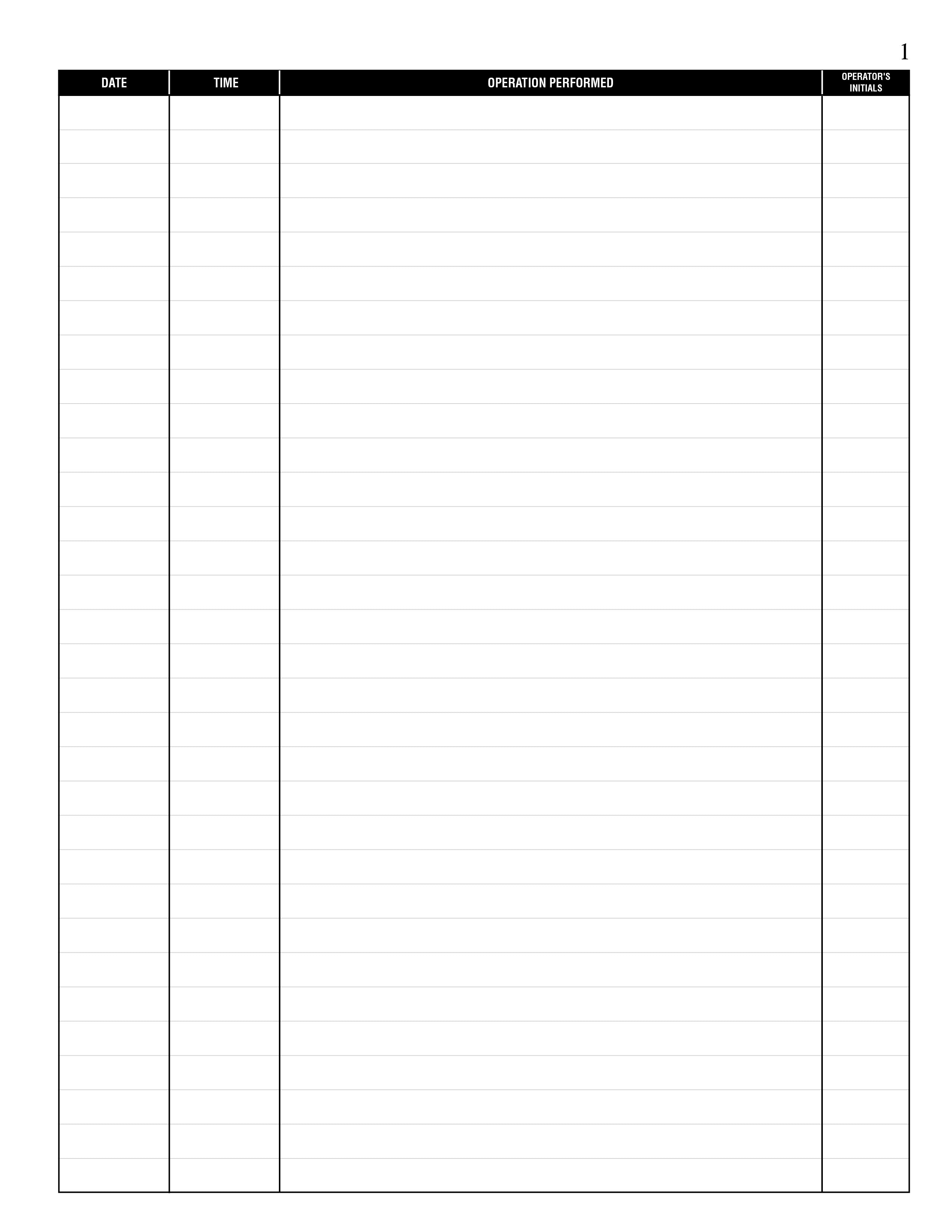 #102 Log Book Page. Date, Time, Operation Performed, Operators Initials