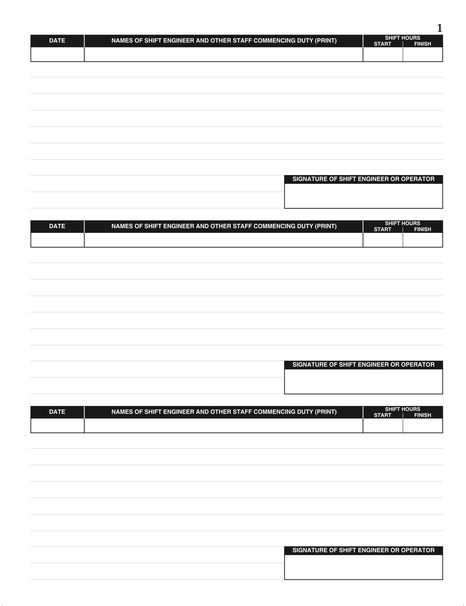 #470 Log Book Page. Date, Names of shift engineer and other staff commencing duty, Shift Hours. 