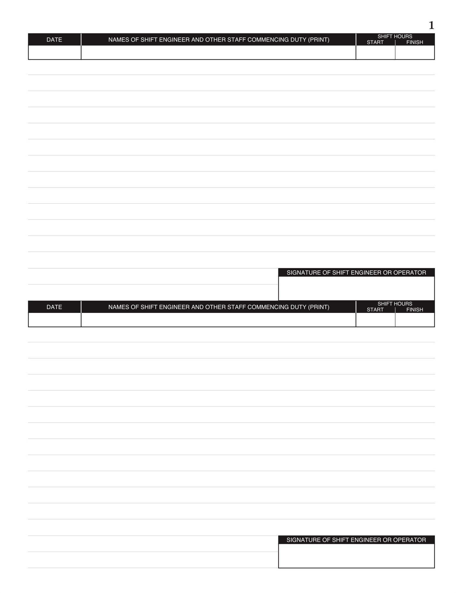 #472 Log Book Page. Date, Names of shift engineer and other staff commencing duty, Shift Hours. 