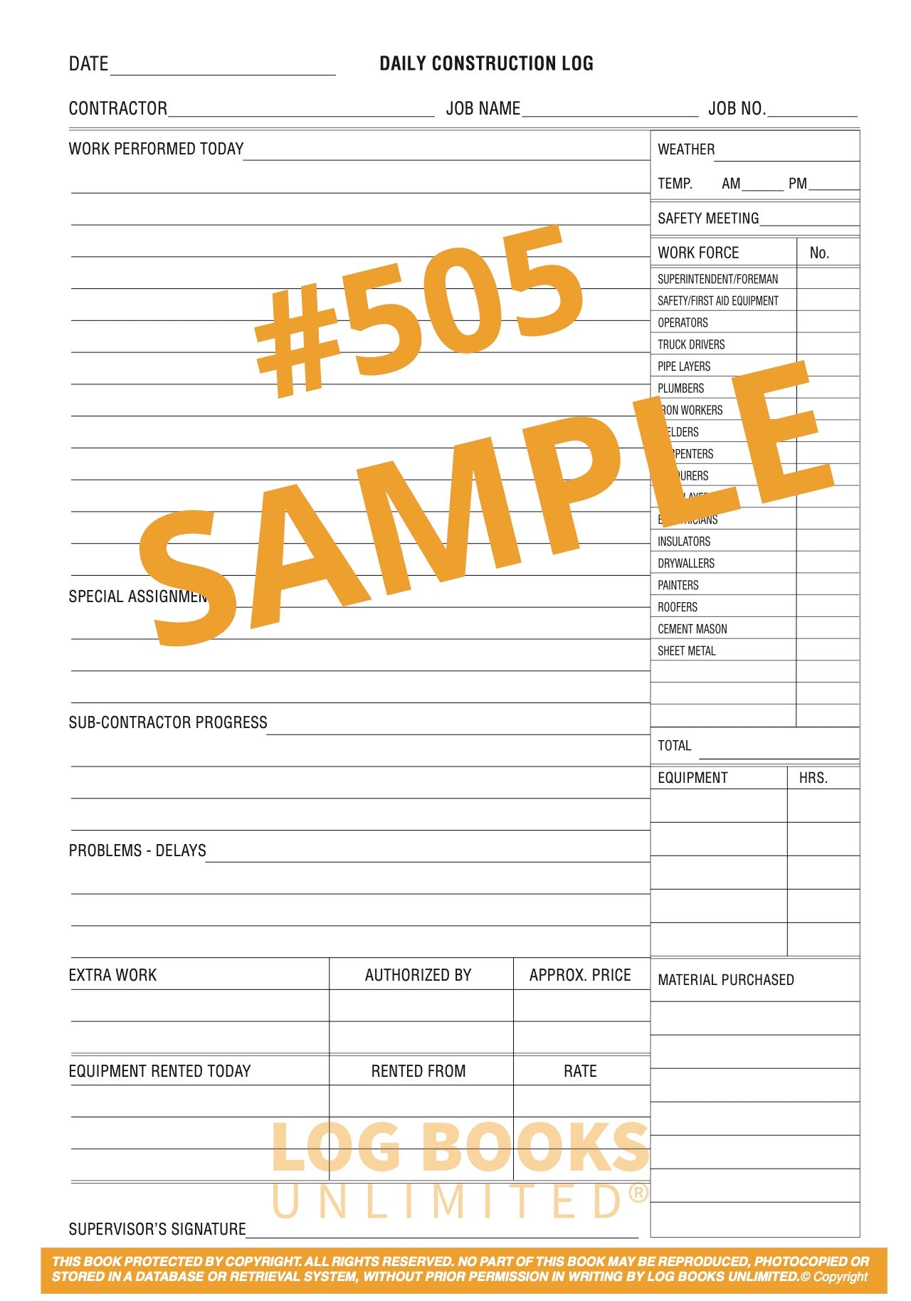 Sample page from the #505 Construction Daily Log Book