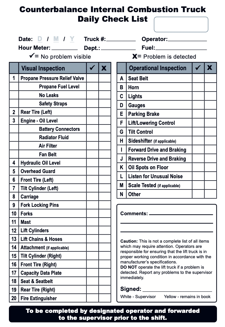 Counterbalance Internal Combustion Truck Daily Checklist Page. Visual Inspection List and Operational Inspection List. 