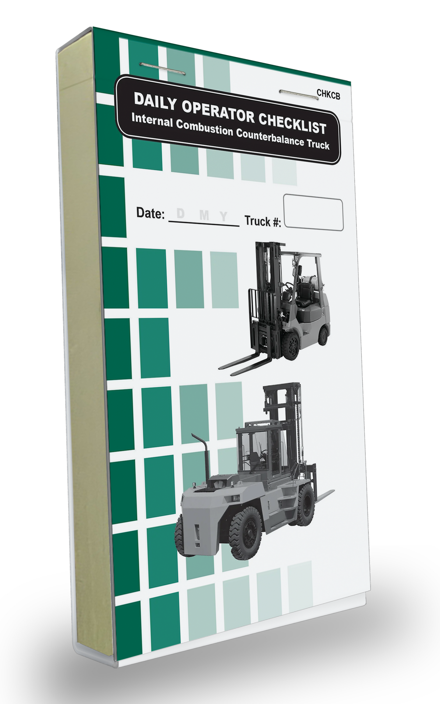 Cover of the Daily Operator Checklist logbook for Internal Combustion Counterbalance Trucks. The cover features a green and white grid background with two images of a gray Internal Combustion Counterbalance Trucks. It includes fields to record the date and truck number, with bold black text labeling the log book.