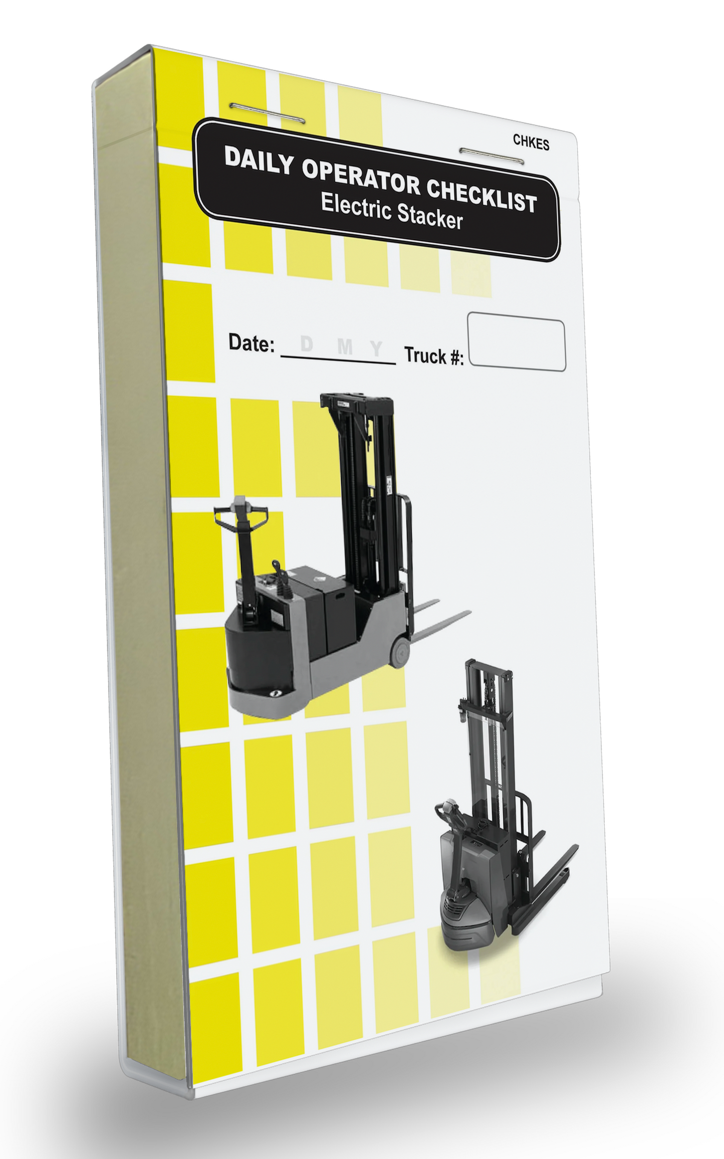 Cover of the Daily Operator Checklist logbook for Electric Stacker. The cover features a yellow and white grid background with two images of a gray Electric Stacker forklifts. It includes fields to record the date and truck number, with bold black text labeling the log book.