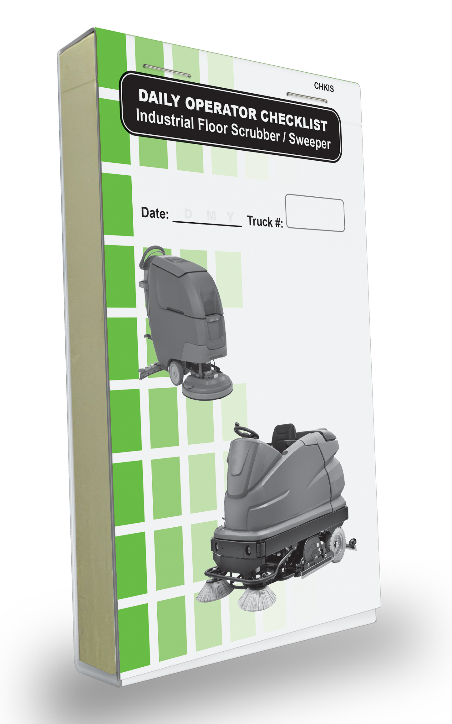 Cover of the Daily Operator Checklist logbook for Industrial Floor Scrubber/ Sweeper. The cover features a green and white grid background with two images of a gray Industrial Floor Scrubbers/ Sweepers. It includes fields to record the date and truck number, with bold black text labeling the log book.