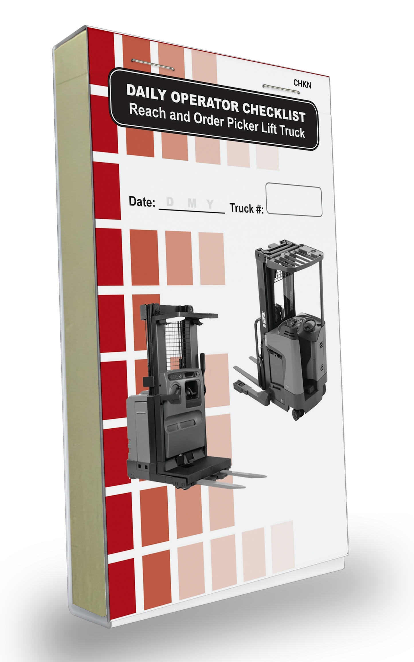 Cover of the Daily Operator Checklist logbook for Reach and Order Picker Lift Trucks. The cover features a red and white grid background with two images of a gray Reach and Order Picker Lift Trucks. It includes fields to record the date and truck number, with bold black text labeling the log book.