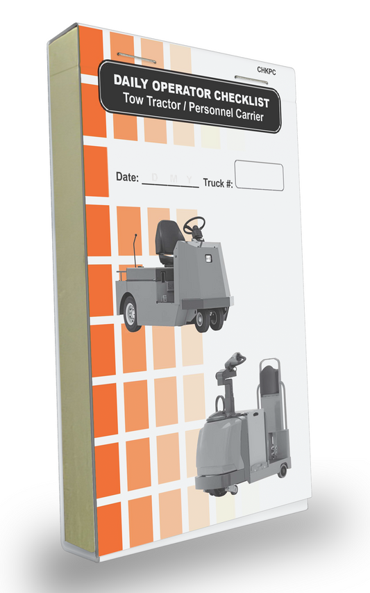 Cover of the Daily Operator Checklist logbook for Tow Tractors/ Personnel Carriers. The cover features an orange and white grid background with two images of a gray Tow Tractors/ Personnel Carriers. It includes fields to record the date and truck number, with bold black text labeling the log book.