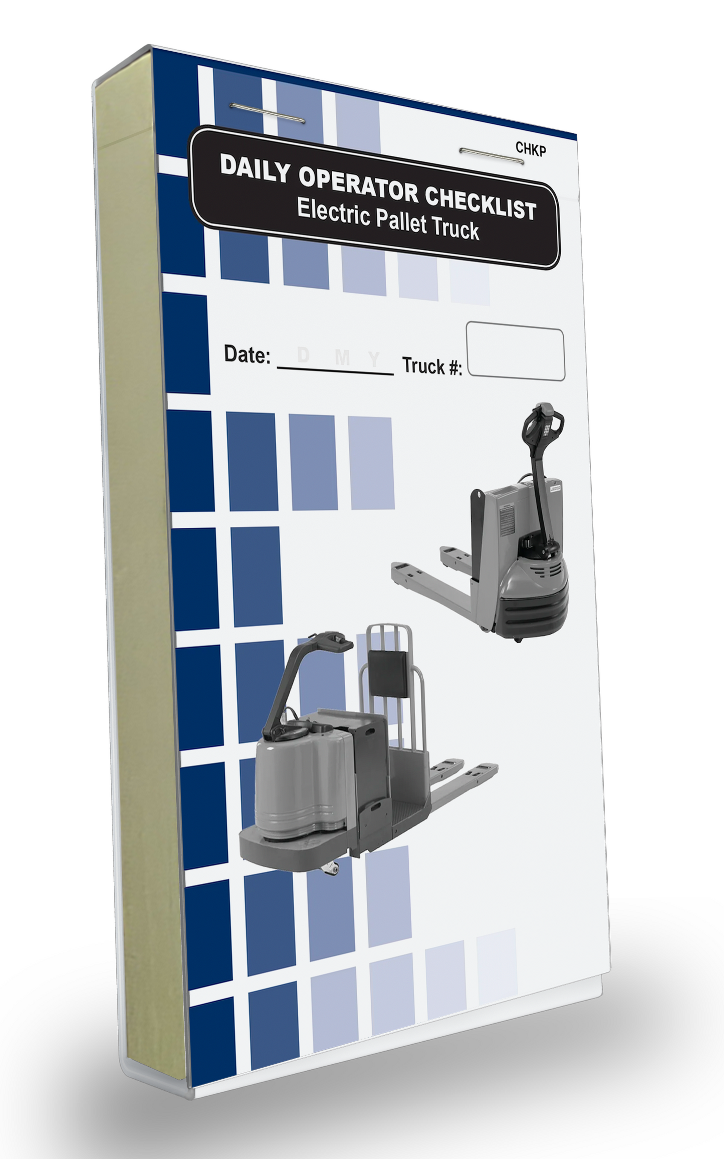 Cover of the Daily Operator Checklist logbook for Electric Pallet Lift Trucks. The cover features an blue and white grid background with two images of a gray electric pallet trucks. It includes fields to record the date and truck number, with bold black text labeling the log book.