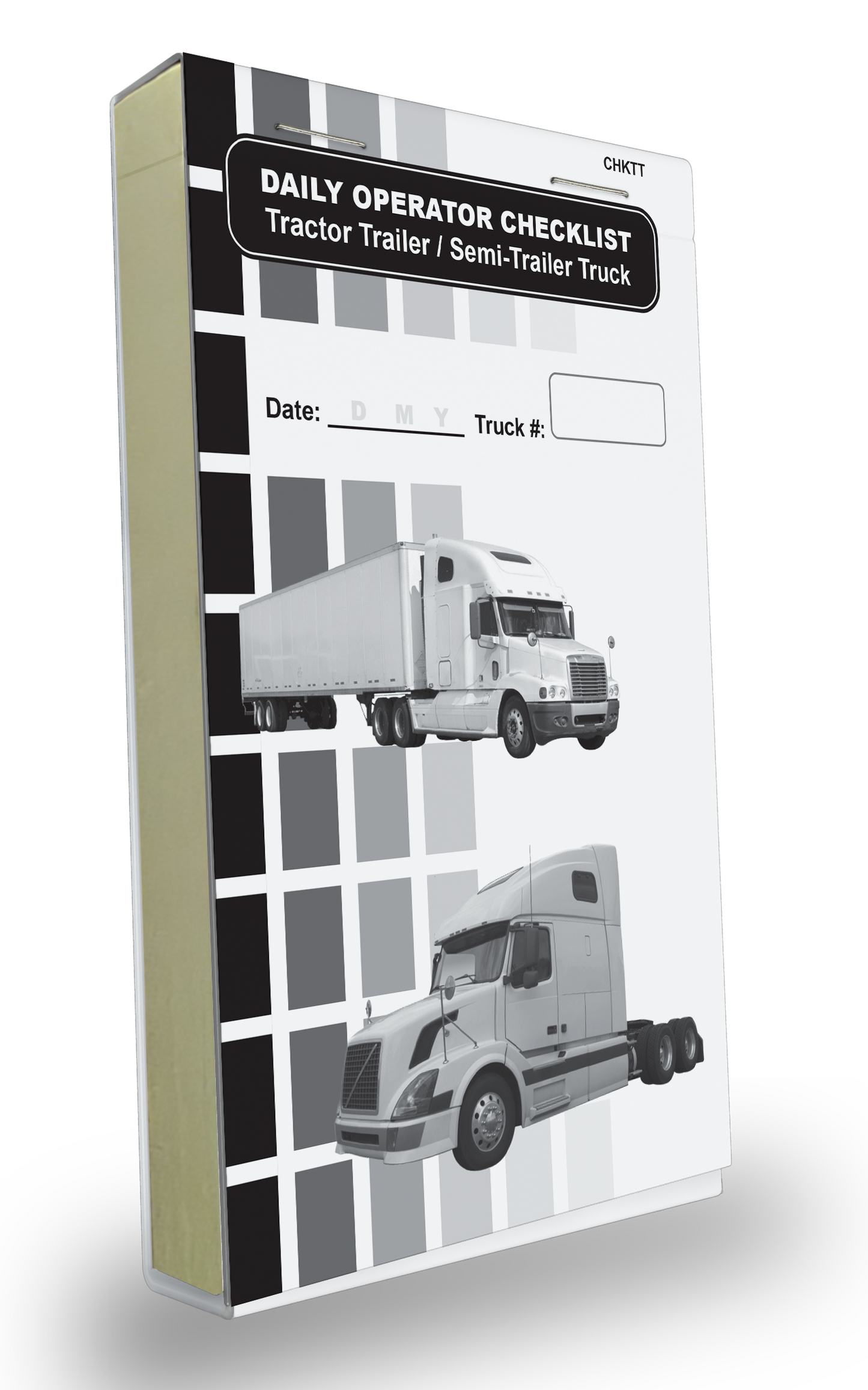 Cover of the Daily Operator Checklist logbook for Tractor Trailer/ Semi-Trailer Trucks. The cover features a black and white grid background with two images of a gray Tractor Trailer/ Semi-Trailer Trucks. It includes fields to record the date and truck number, with bold black text labeling the log book.