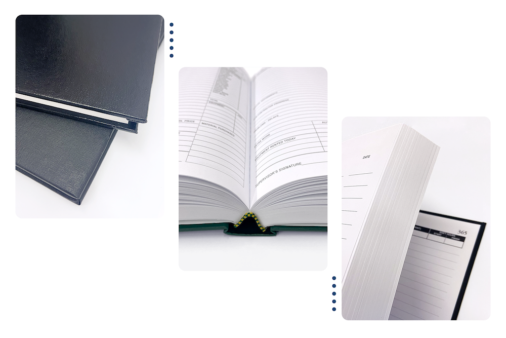 A three part image featuring various views of the inside of log books. The books have lined paper and different headings to accommodate any need.