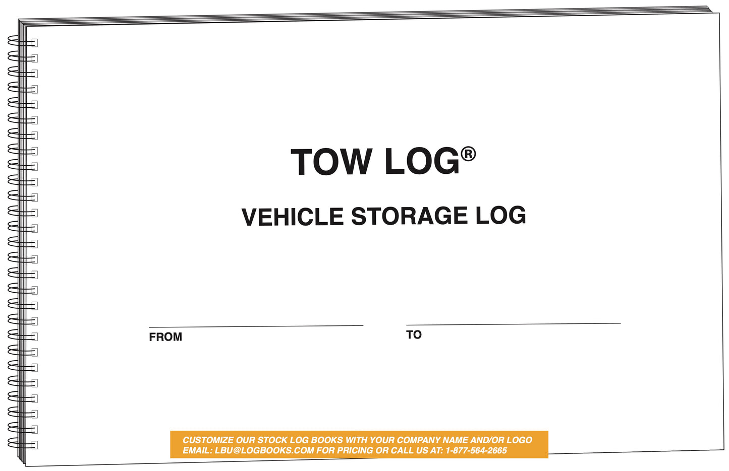 Tow Log 424 logbook featuring a durable cover, wire binding, and a clean, organized layout for recording towing activities, including date, time, vehicle details, and additional notes. Ideal for tow truck operators and vehicle management.