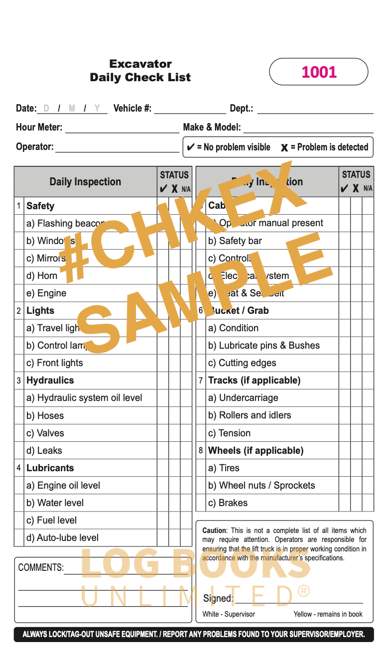 Sample Page from the Excavator Daily Operator Checklist Book.