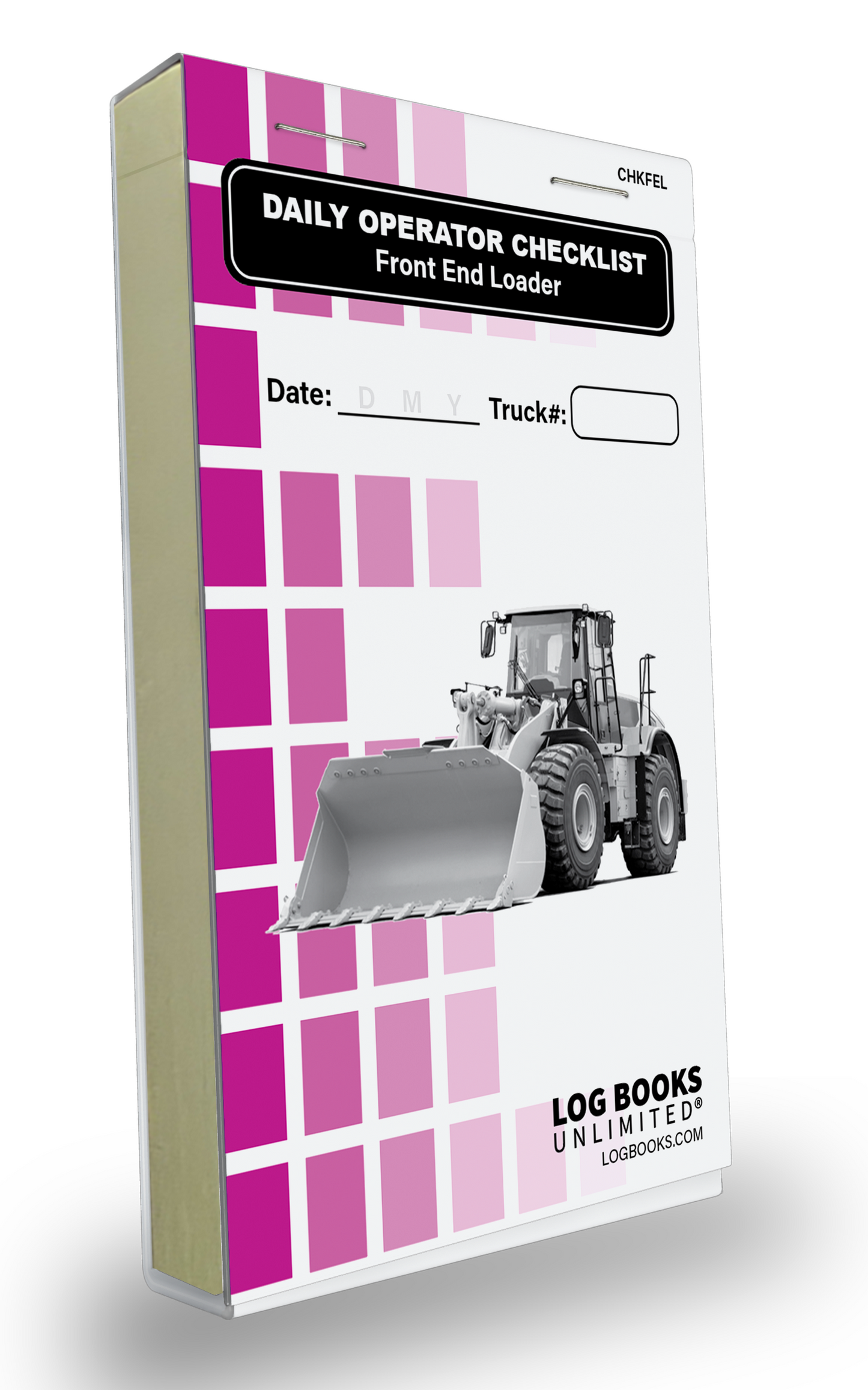 "Daily Operator Checklist – Front End Loader" logbook. The cover features a Front End Loader illustration and spaces to record the Date and Truck Number. The background consists of purple squares, and the logbook branding "LOG BOOKS UNLIMITED®" is visible at the bottom. 