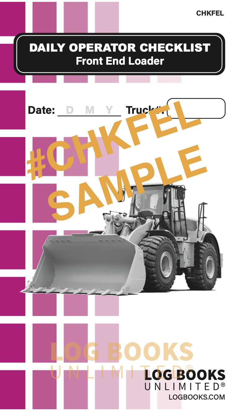 "Daily Operator Checklist – Front End Loader" logbook. The cover features a Front End Loader illustration and spaces to record the Date and Truck Number. The background consists of purple squares, and the logbook branding "LOG BOOKS UNLIMITED®" is visible at the bottom. 