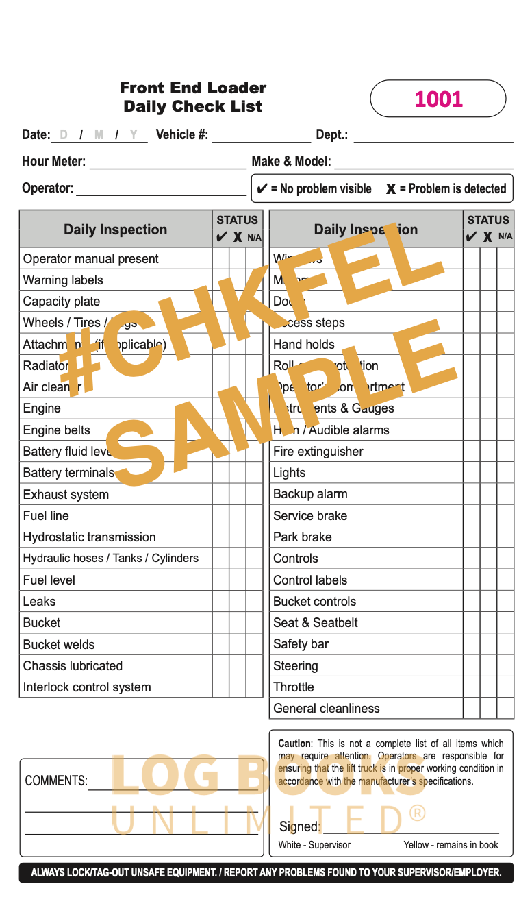 Sample Page from the Front End Loader Daily Operator Checklist Book.