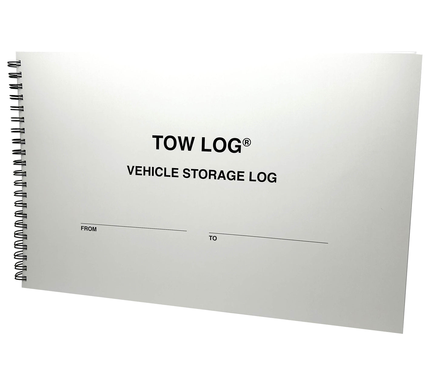 Tow Log 424 logbook featuring a durable cover, wire binding, and a clean, organized layout for recording towing activities, including date, time, vehicle details, and additional notes. Ideal for tow truck operators and vehicle management.