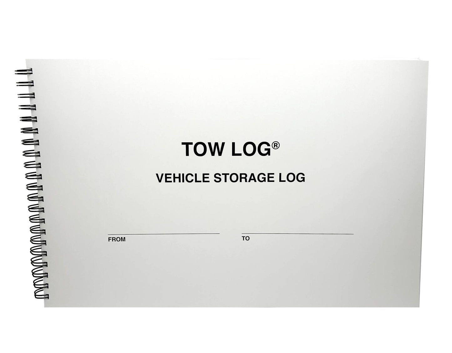 Tow Log 424 logbook featuring a durable cover, wire binding, and a clean, organized layout for recording towing activities, including date, time, vehicle details, and additional notes. Ideal for tow truck operators and vehicle management.