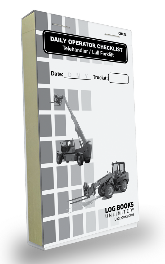 Daily Operator Checklist – Telehandler/ Lull Forklift" logbook. The cover features a Telehandler/ Lull Forklift illustration and spaces to record the Date and Truck Number. The background consists of grey squares, and the logbook branding "LOG BOOKS UNLIMITED®" is visible at the bottom. 