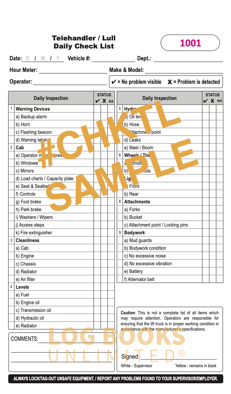 Sample Page of the Telehandler / Lull Forklift Daily Operator Checklist Book.