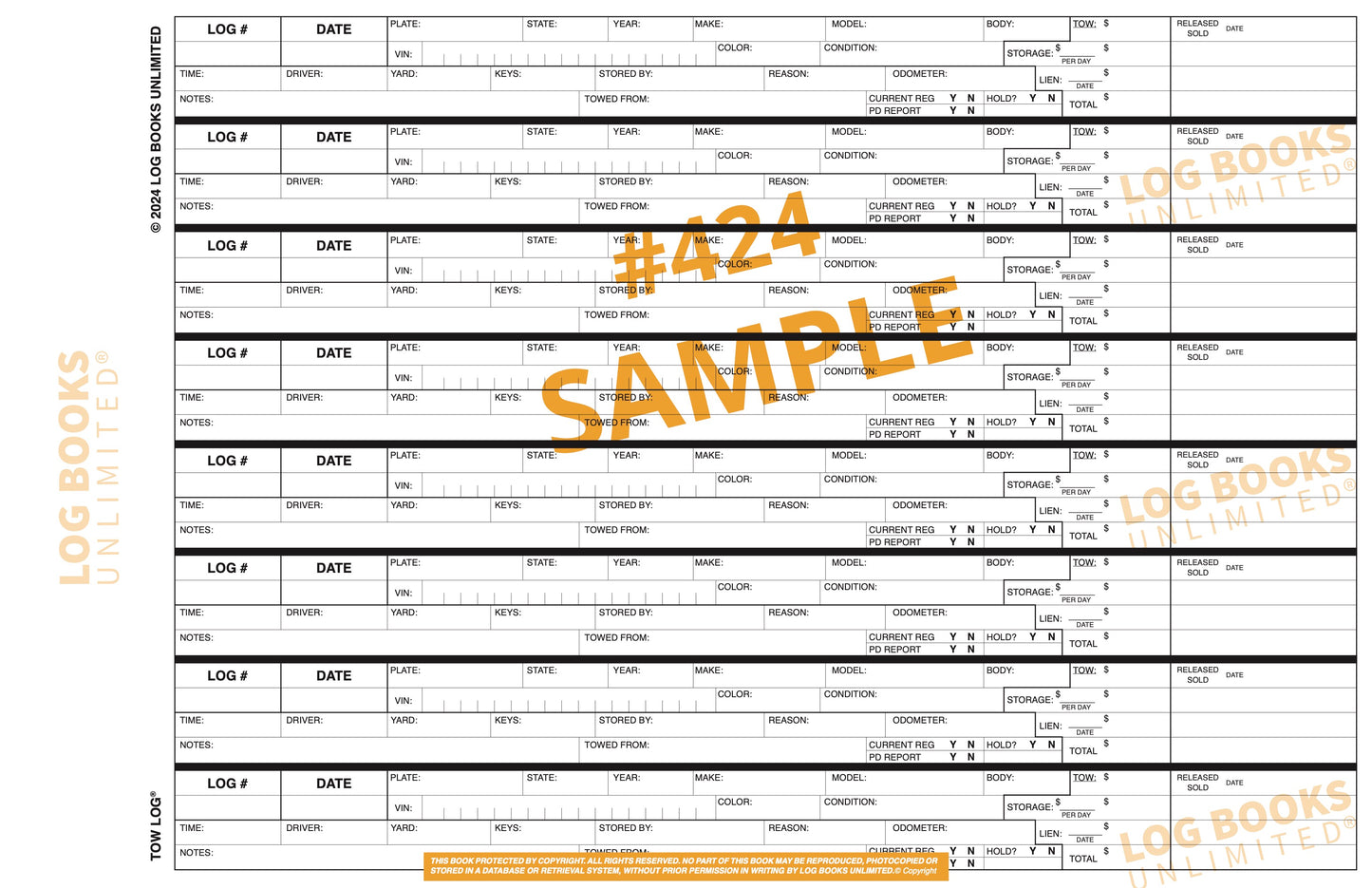 Tow Log 424 logbook featuring a durable cover, wire binding, and a clean, organized layout for recording towing activities, including date, time, vehicle details, and additional notes. Ideal for tow truck operators and vehicle management.